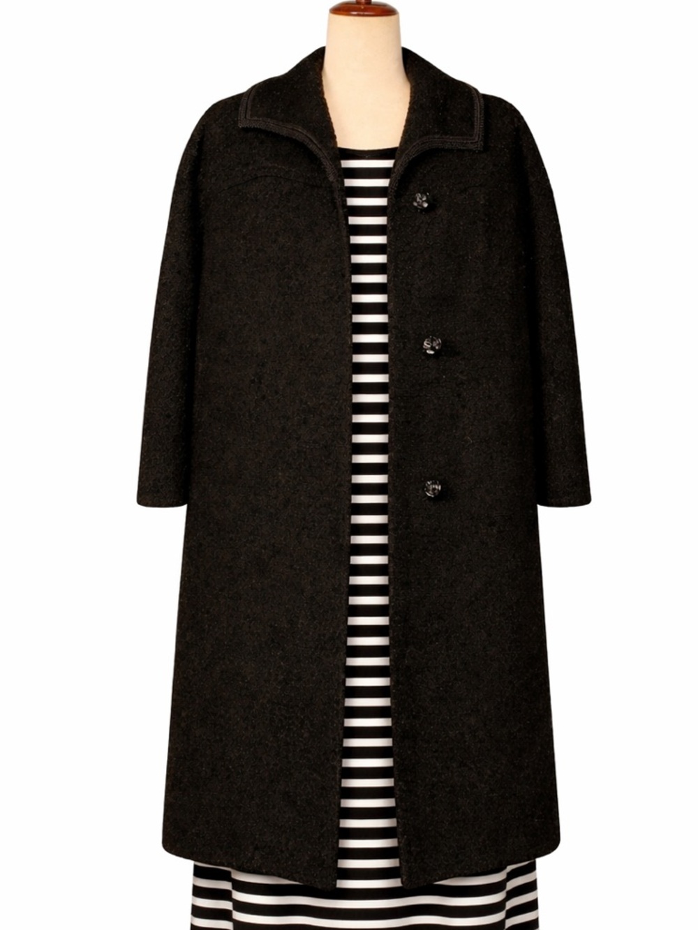 Vintage 60s Butte wool textured overcoat- contrast trim- woven thick knit. L- XL